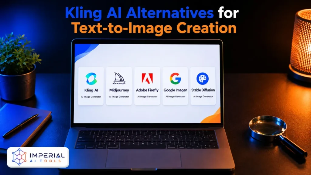 Kling AI alternatives for text-to-image creation displayed on a laptop, including Midjourney, Adobe Firefly, Google Imagen and Stable Diffusion.