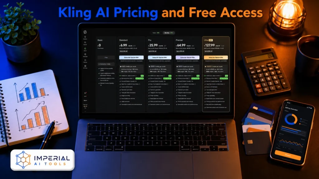 Kling AI pricing and free access plans displayed on a laptop alongside a calculator, payment cards and billing charts.