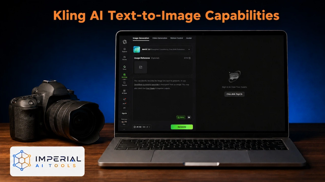 Kling AI text-to-image capabilities displayed on a laptop beside a DSLR camera on a wooden desk.