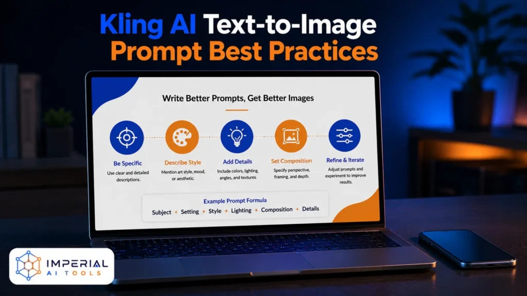 Kling AI text-to-image prompt best practices displayed on a laptop, showing how to specify style, details, composition and prompt refinement.