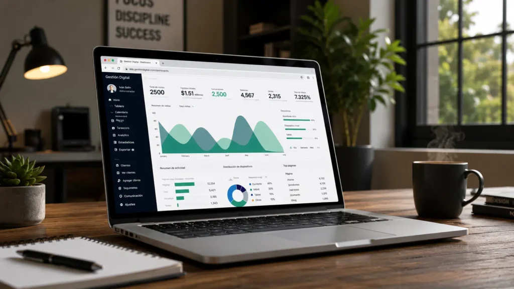 Laptop displaying a LinkedIn content analytics dashboard with performance charts and engagement data