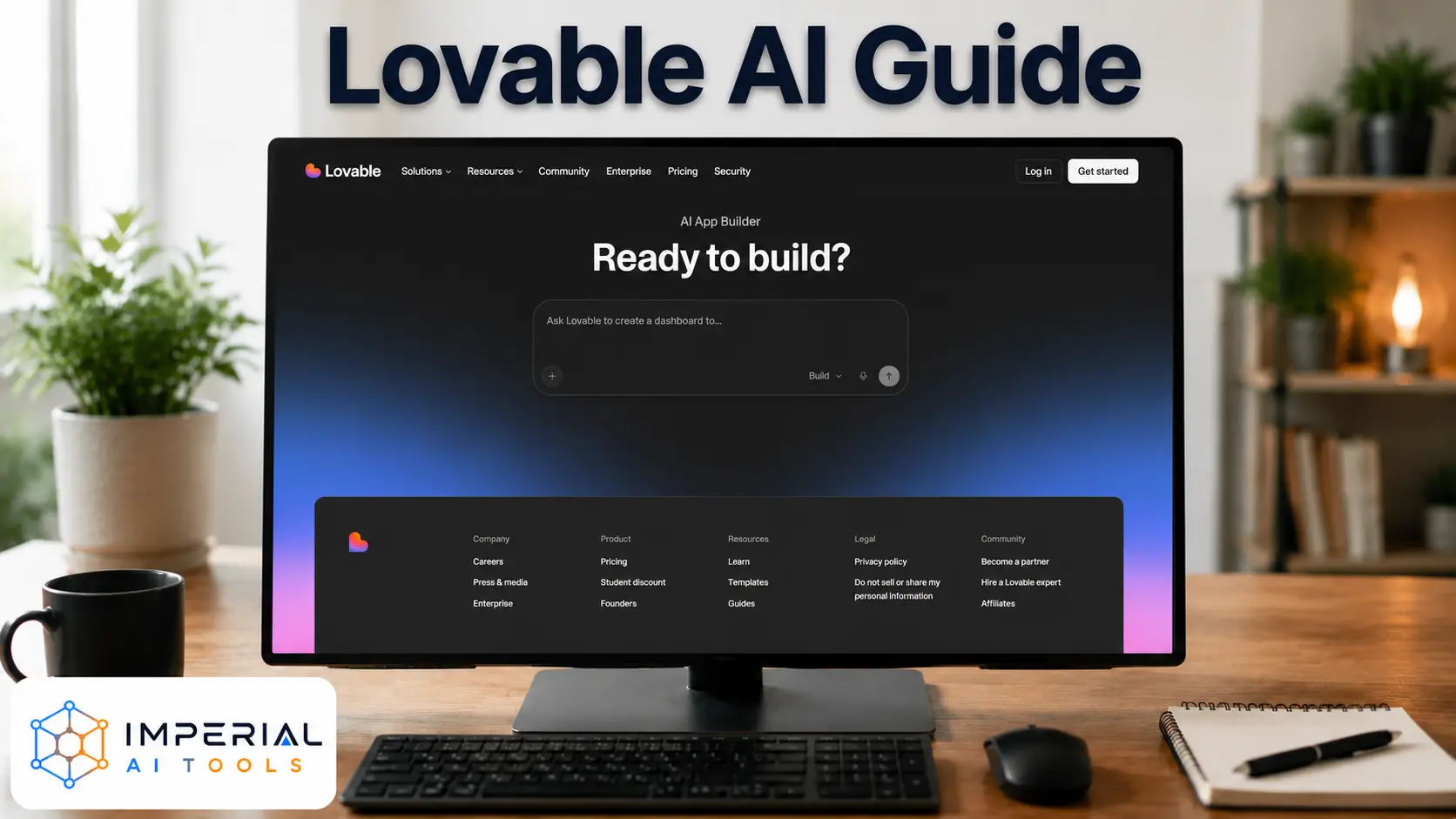 Lovable AI Guide showing an AI app builder interface on a desktop monitor for creating websites and web applications with prompts