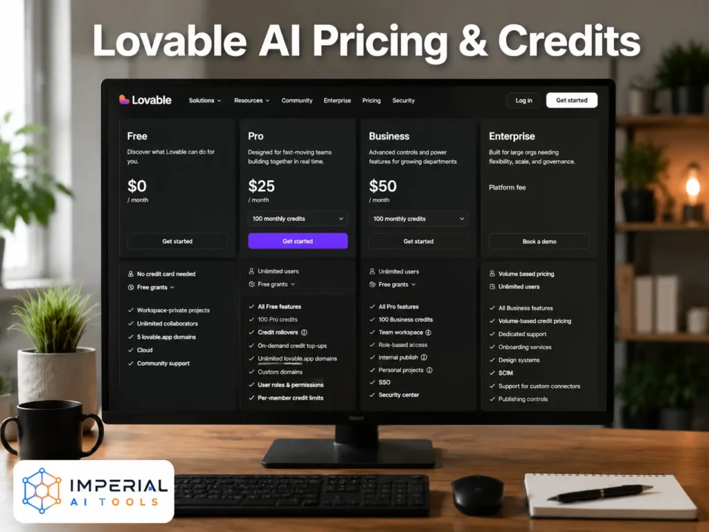 Lovable AI pricing and credits comparison showing Free, Pro, Business, and Enterprise plans on a desktop monitor