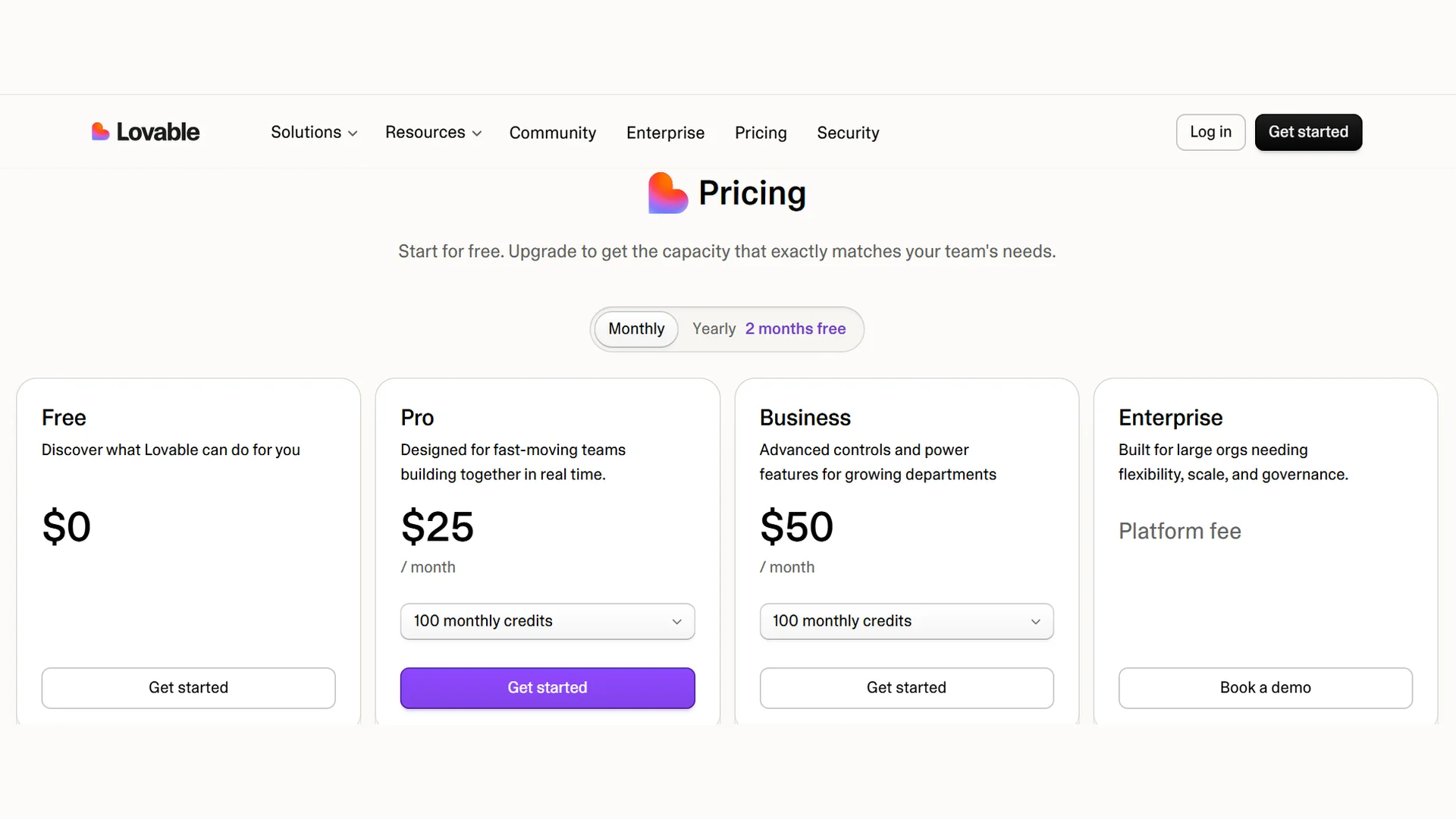 Lovable AI pricing page showing Free, Pro at $25 per month, Business at $50 per month, and Enterprise plans with monthly billing options.