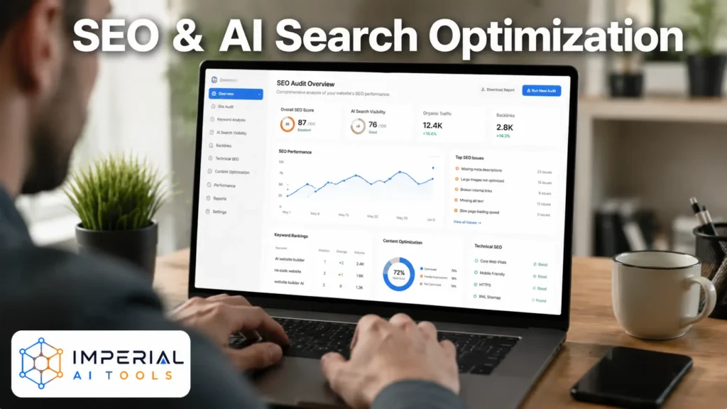 Lovable AI SEO and AI search optimization dashboard showing website audit metrics, rankings, and technical SEO analysis