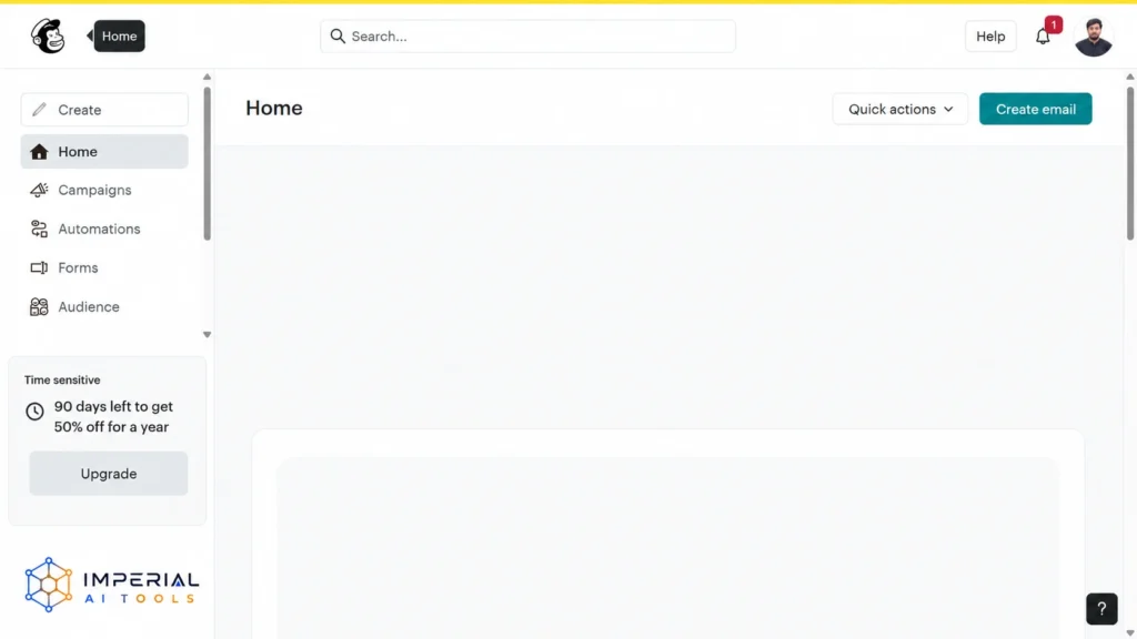 Mailchimp dashboard interface displaying campaign management, audience tools, automations, and email creation options.