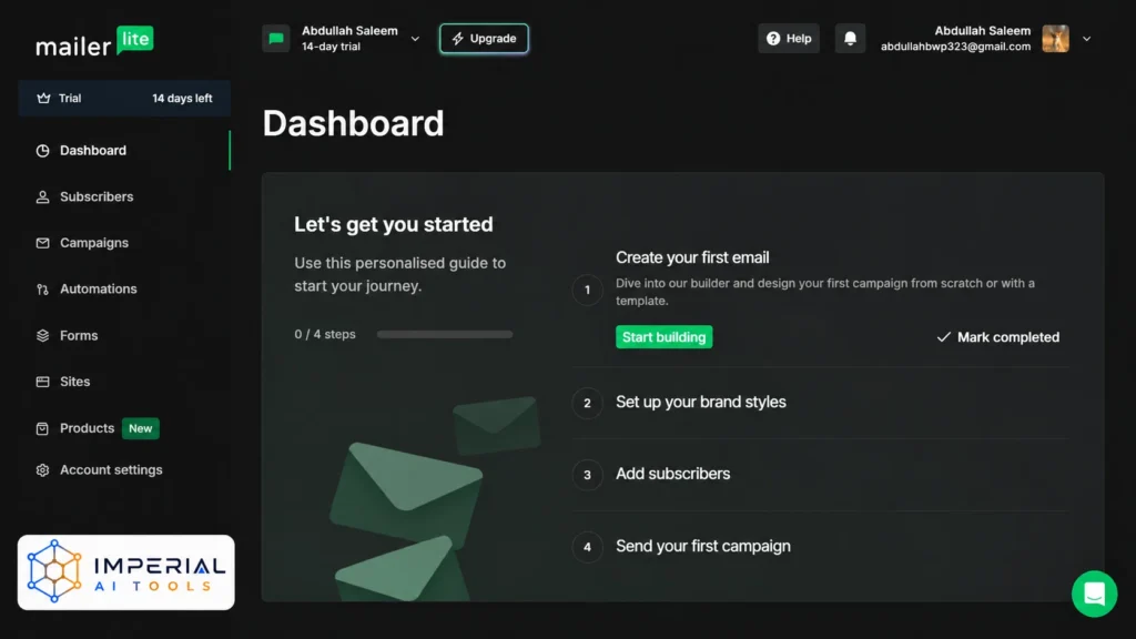 MailerLite dashboard showing campaign setup, subscribers, forms, automation tools, and account management.