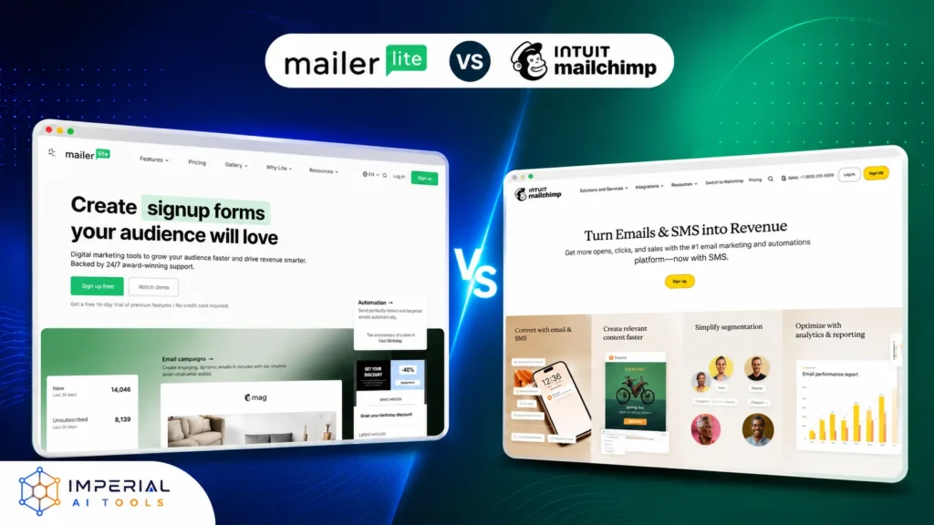 MailerLite vs Mailchimp comparison showing the email marketing platforms side by side for features, pricing, and usability.