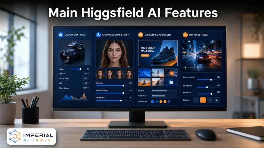 onitor displaying key Higgsfield AI features, including camera controls, character consistency, marketing and ad creation, and motion settings.