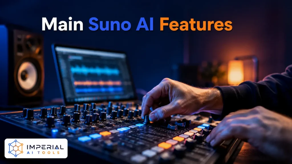 Music producer adjusting an audio mixing console in a modern studio, illustrating Suno AI features for music creation and editing.