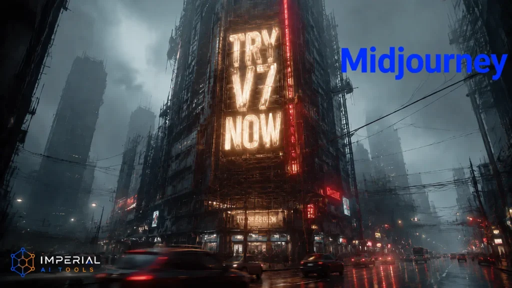 Midjourney AI image generator example showing a futuristic cyberpunk cityscape with neon skyscrapers and Imperial AI Tools branding.