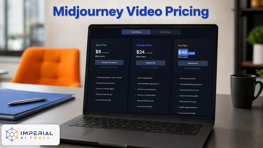 Midjourney video pricing comparison displayed on a laptop, showing Basic, Standard and Pro subscription plans.