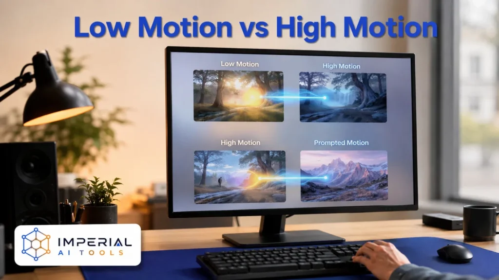 Computer screen comparing low motion, high motion and prompted motion settings for Midjourney AI videos.