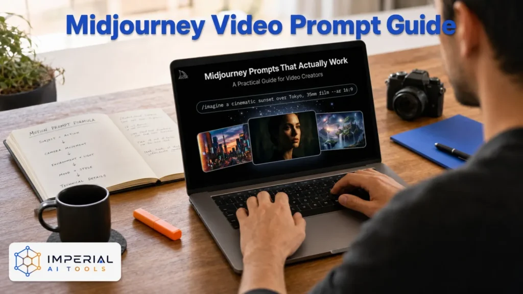 Creator writing a Midjourney video prompt using subject movement, camera motion, environment, mood and technical details.