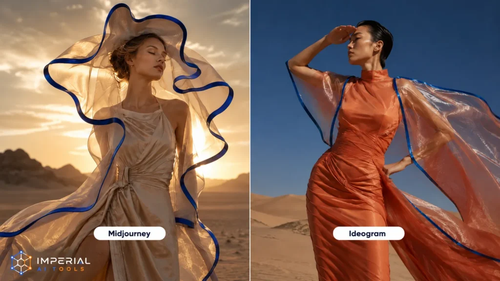 Midjourney vs Ideogram fashion image comparison showing two AI-generated desert editorial portraits with flowing translucent dresses.