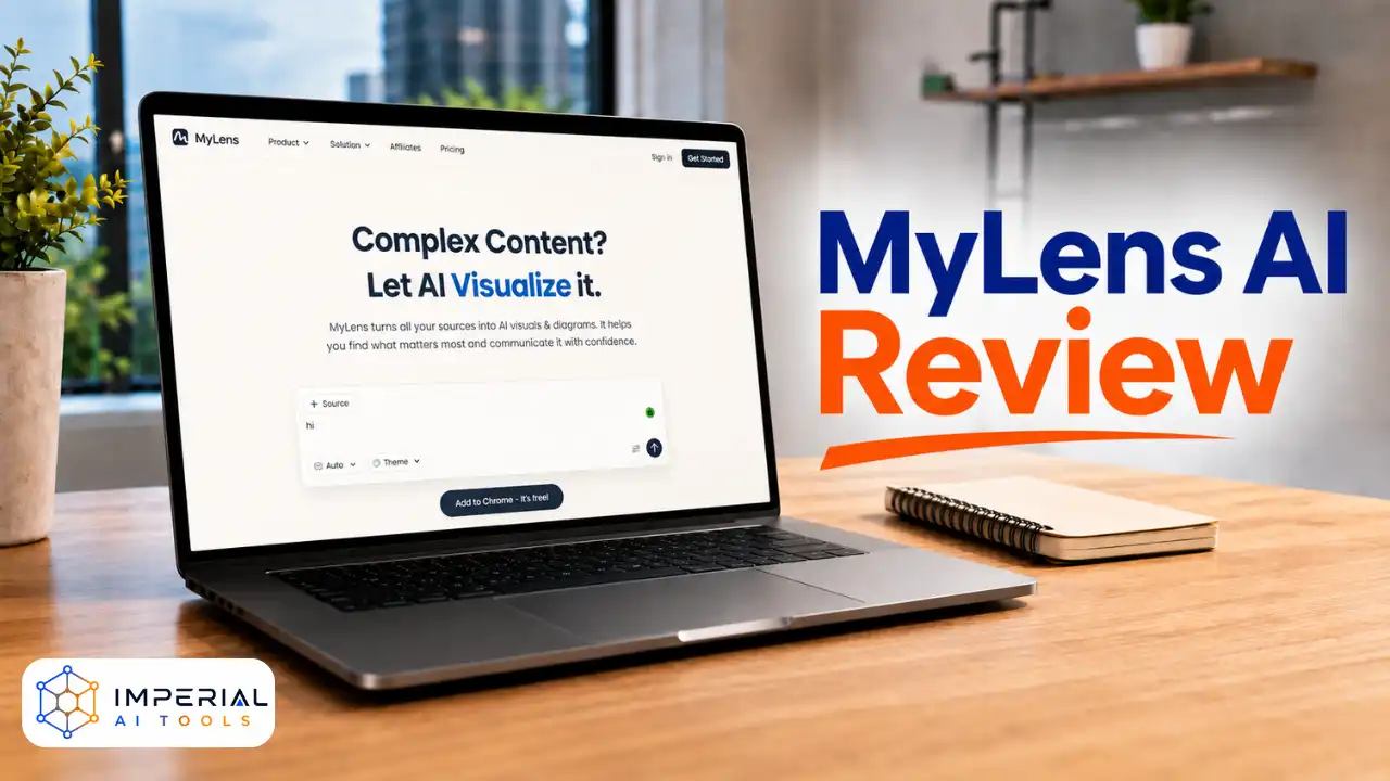 MyLens AI Review featured image showing the MyLens website interface on a laptop in a modern office.
