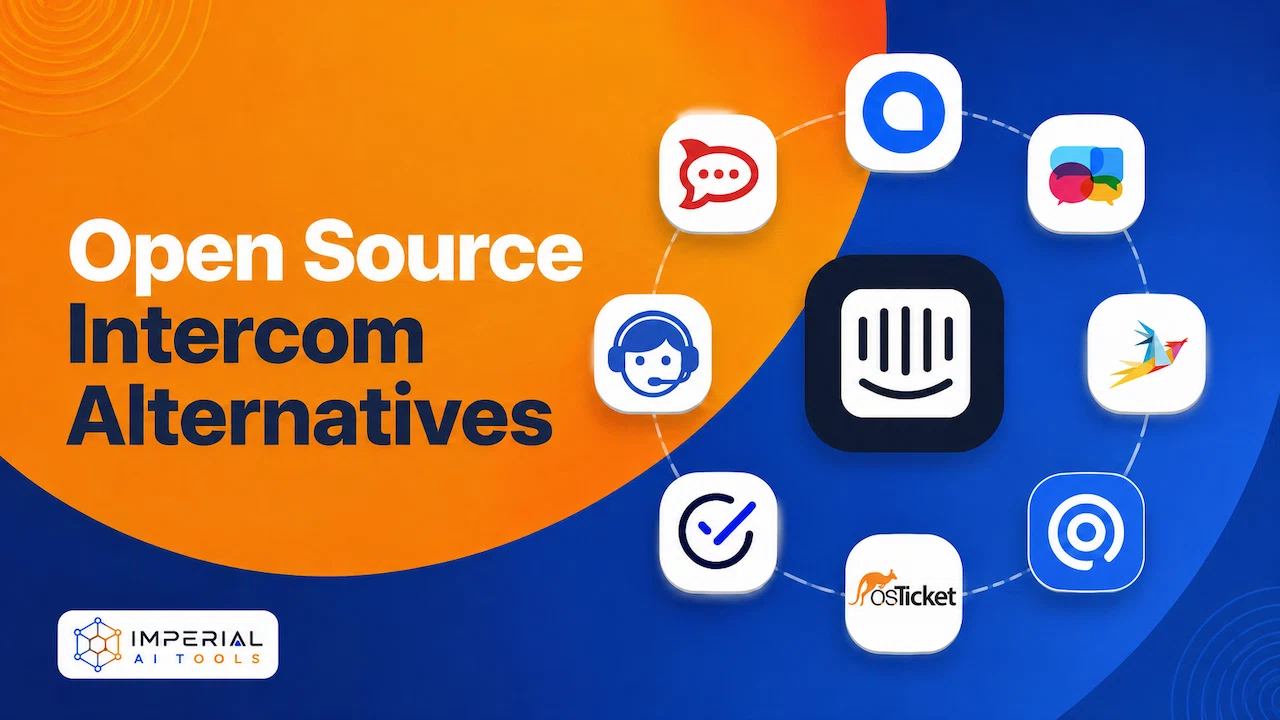 Open-source Intercom alternatives displayed as customer support platform logos surrounding the Intercom logo.