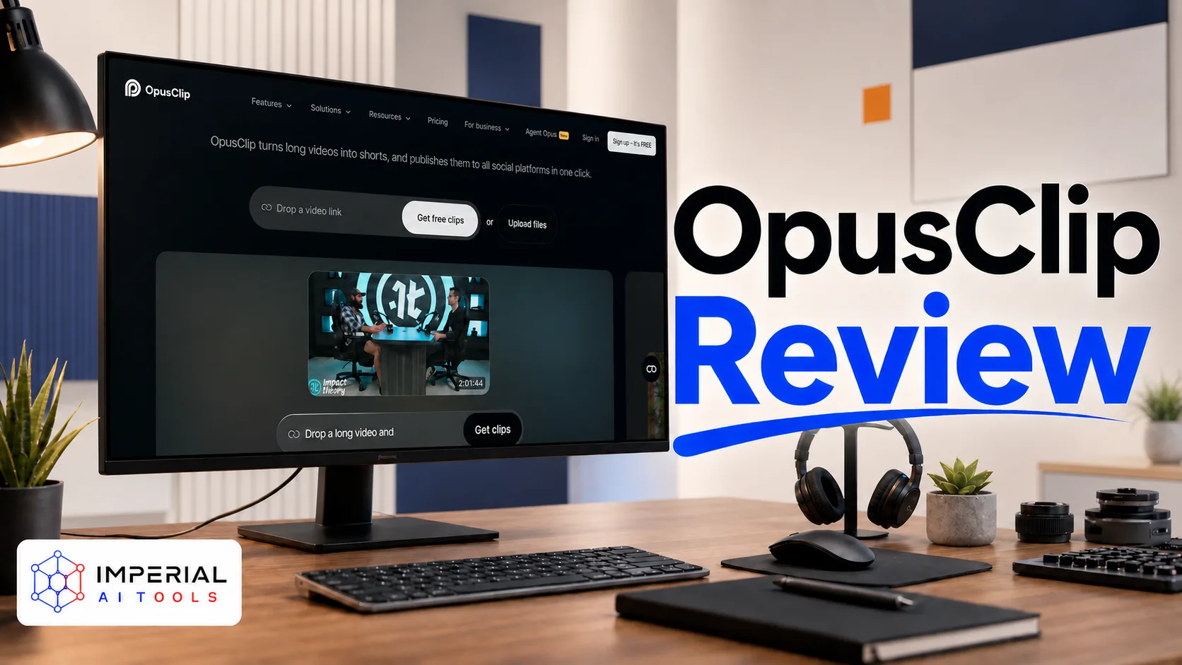 OpusClip AI video clipping tool shown on a laptop screen