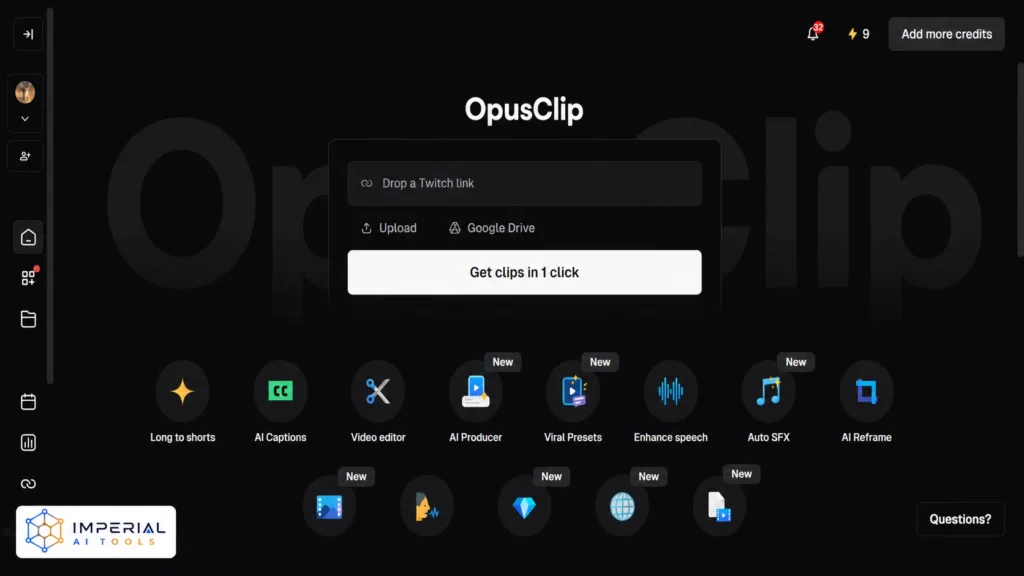OpusClip AI dashboard showing long-to-short video, AI captions, editing and speech enhancement tools