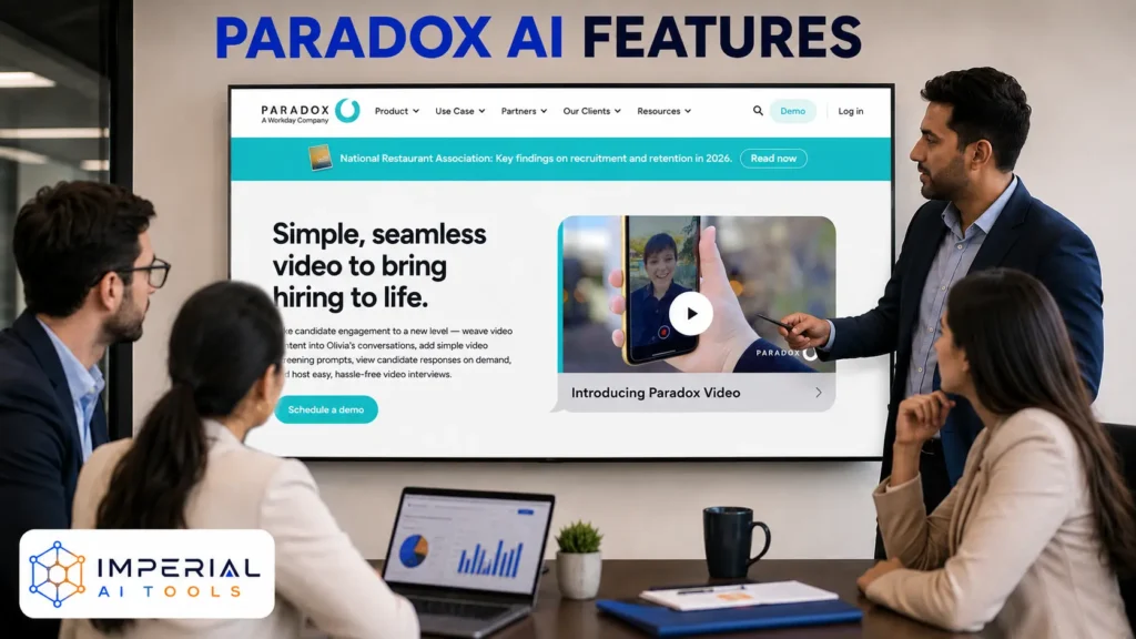 Recruitment team reviewing Paradox AI features and video interviewing tools on a presentation screen.