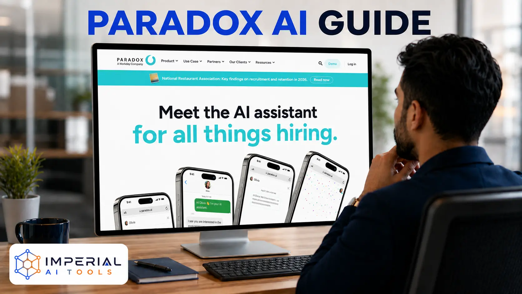 Recruiter viewing the Paradox AI hiring assistant and Olivia recruiting platform on a desktop monitor.