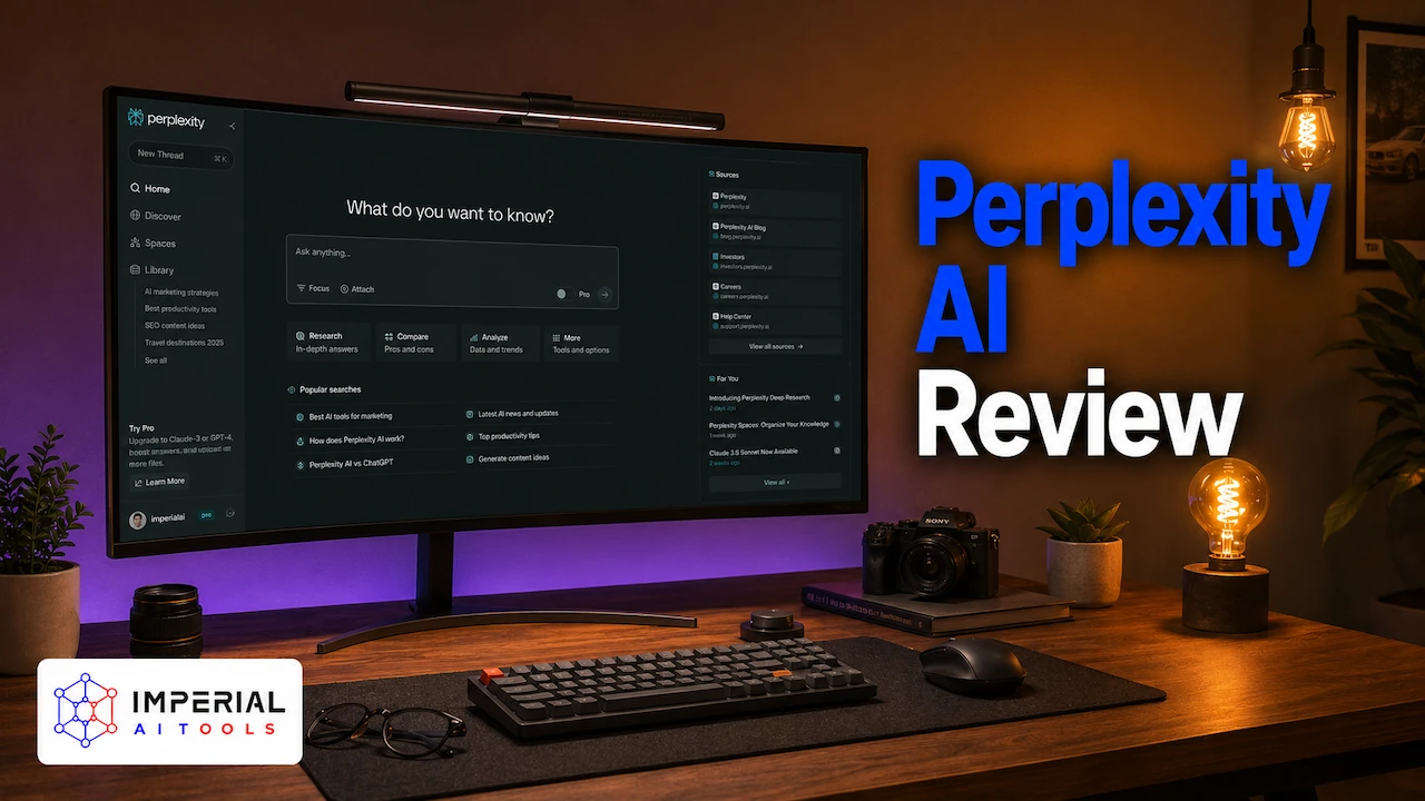 Adobe Express AI review showing the design editor and templates on a desktop monitor in a modern creative office.
