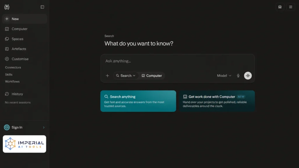 Perplexity AI search homepage with search box, Computer mode, Spaces and customisation options