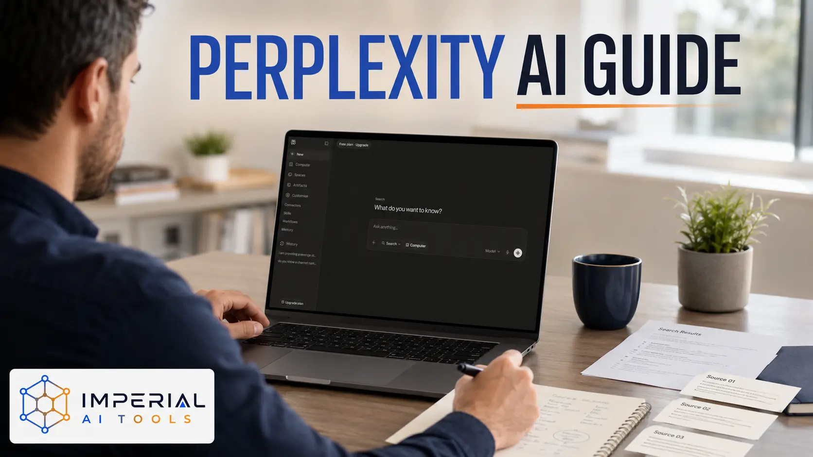 Professional using Perplexity AI on a laptop to research information and review sources.