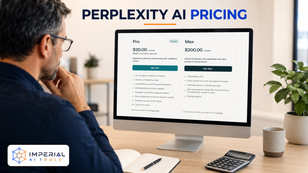 Professional comparing Perplexity AI Pro and Max pricing plans on a desktop monitor.