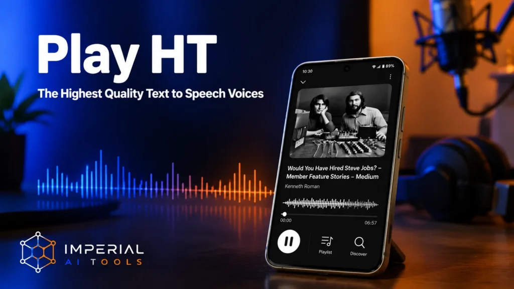 ElevenLabs AI voice cloning concept with a futuristic robot speaking into a professional studio microphone.