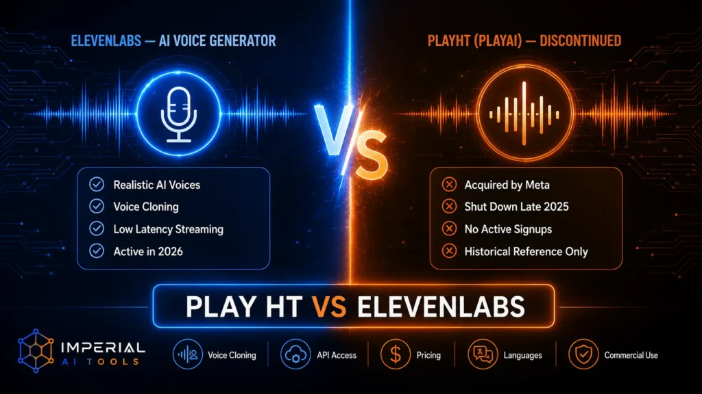 PlayHT vs ElevenLabs AI voice tools comparison with a digital human profile and blue-orange technology graphics.