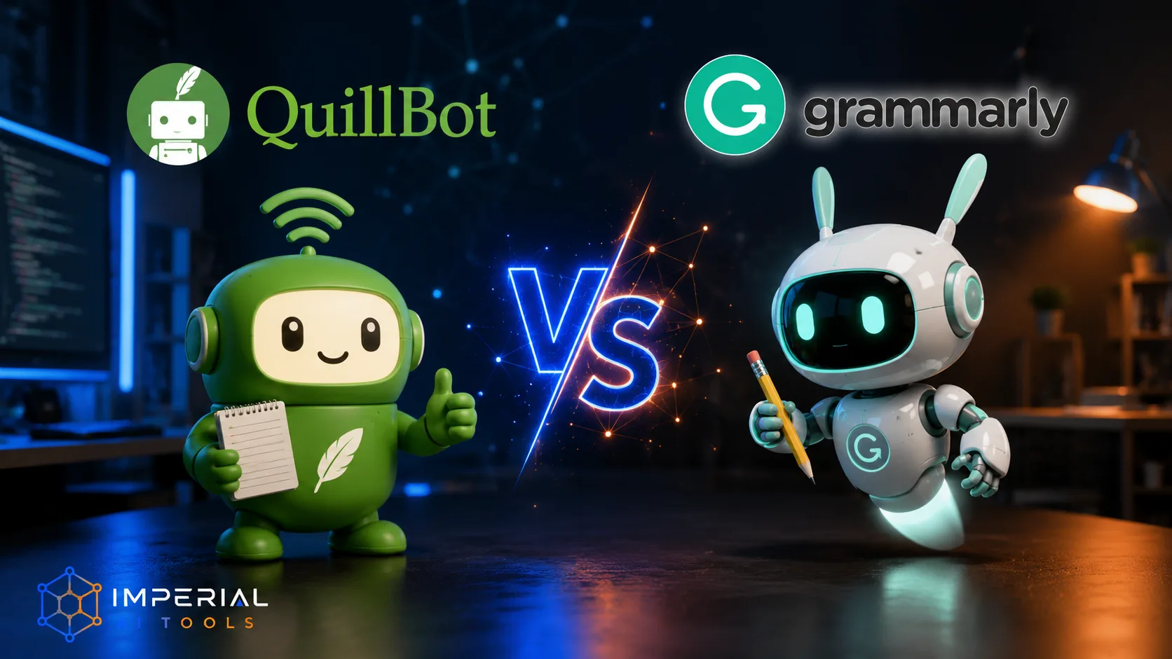 QuillBot vs Grammarly comparison showing AI writing assistants with robot mascots and VS design.
