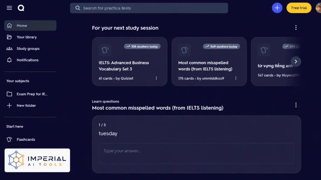 Quizlet dashboard showing flashcard sets, practice tests, study groups and an IELTS vocabulary learning activity.