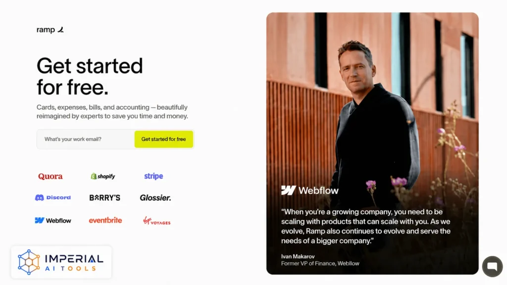 Ramp business finance platform signup page featuring expense management tools and a Webflow customer testimonial