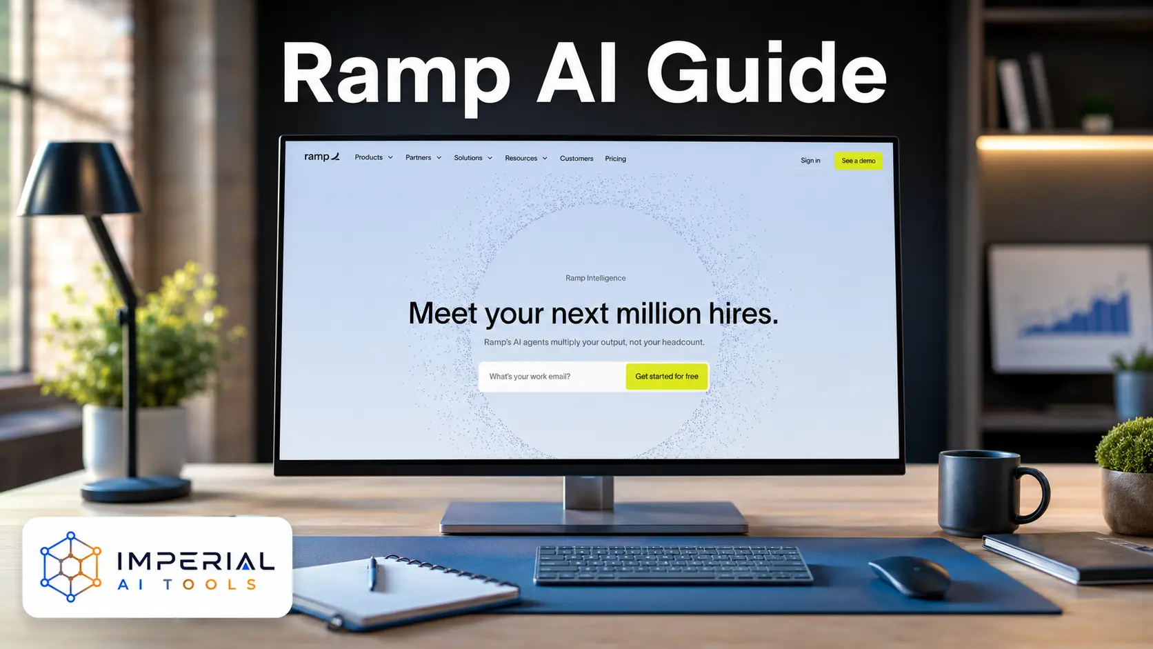Finance workspace showing the Ramp AI website on a widescreen monitor with Imperial AI Tools branding.
