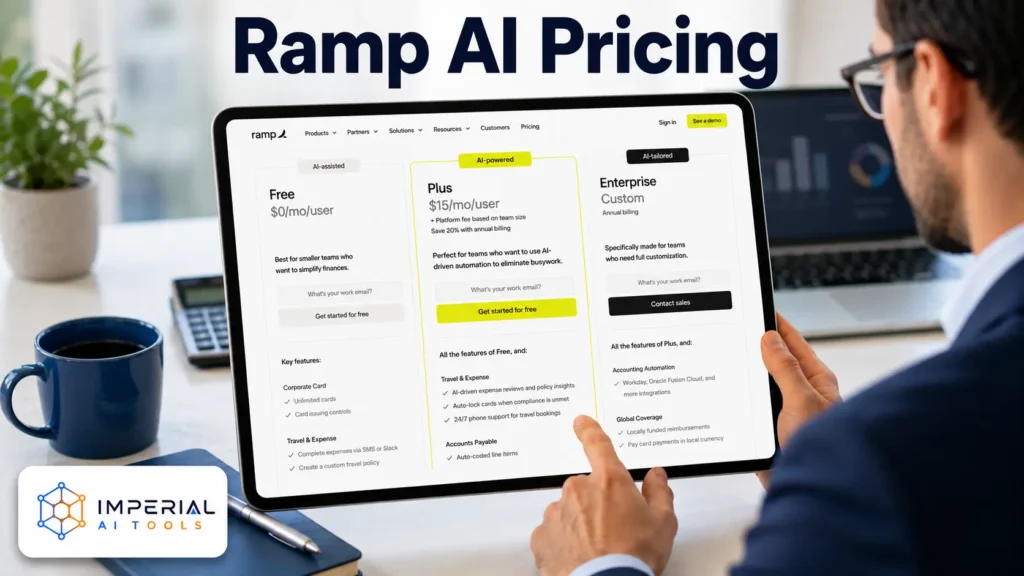 Finance professional reviewing Ramp AI pricing plans, including Free, Plus, and Enterprise options, on a tablet.