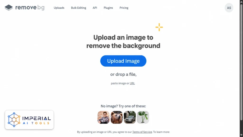 Remove.bg upload screen for automatically removing backgrounds from images with AI