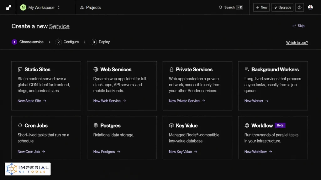 Render dashboard showing deployment options for static sites, web services, private services, cron jobs and PostgreSQL.