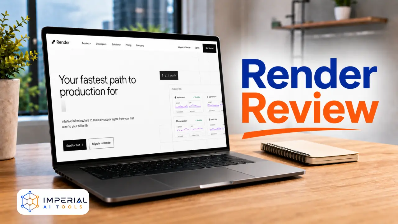 Render Review featured image showing the Render cloud platform homepage on a realistic laptop.