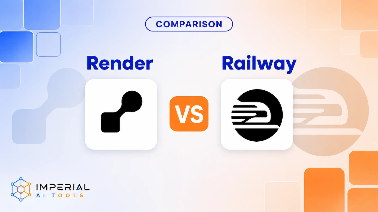 Render vs Railway comparison graphic showing both cloud deployment platform logos side by side, with Render on the left, Railway on the right and VS in the centre.