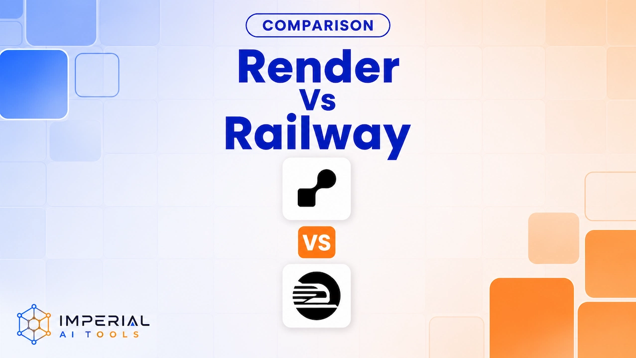 Render vs Railway comparison graphic featuring both cloud platform logos on a blue and orange background.