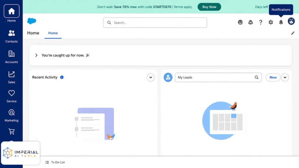 Salesforce CRM home dashboard showing contacts, accounts, sales, marketing and lead management tools