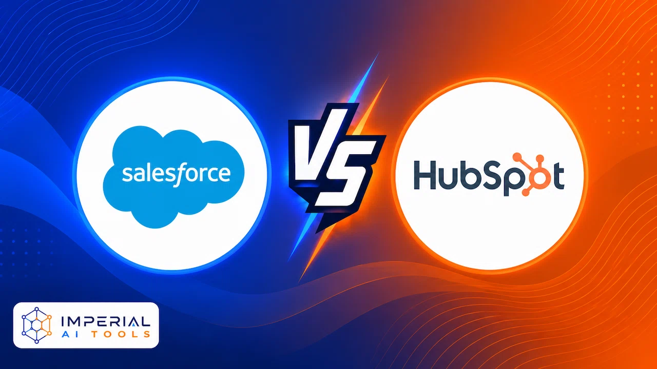 Salesforce vs HubSpot CRM comparison graphic with both logos on a blue and orange background