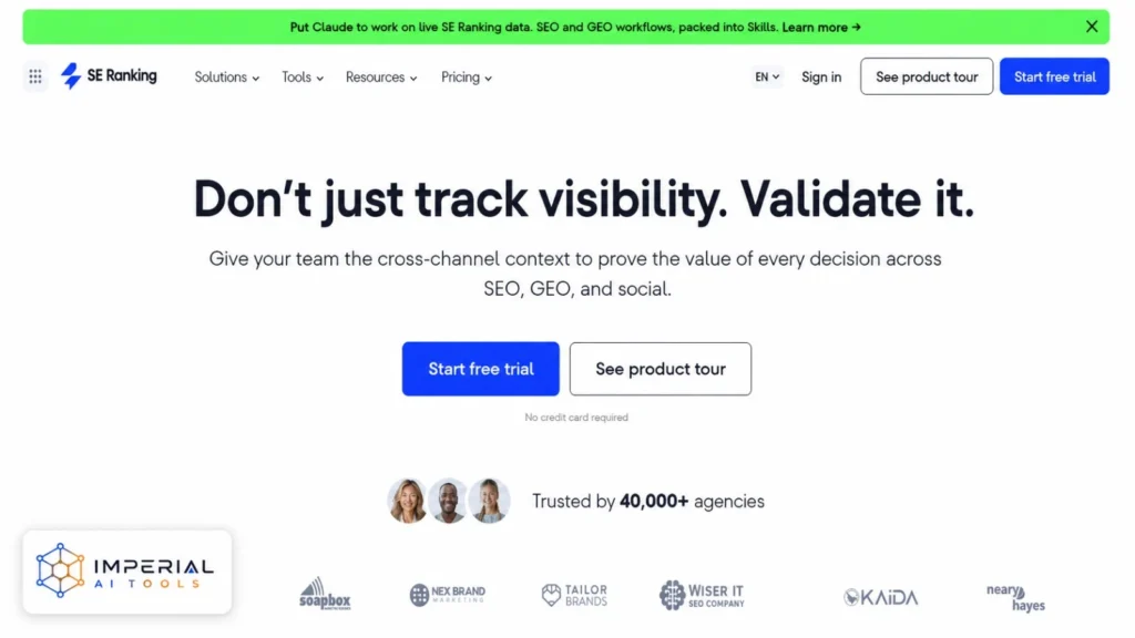 SE Ranking platform for tracking and validating website visibility across SEO, GEO and social media channels.