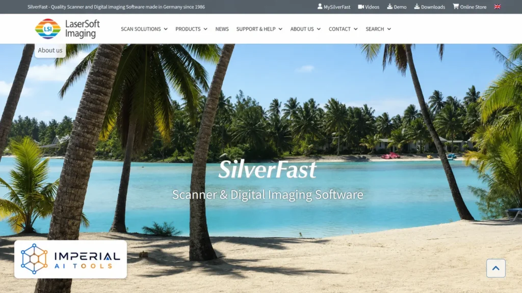 SilverFast scanner and digital imaging software homepage with the Imperial AI Tools logo.