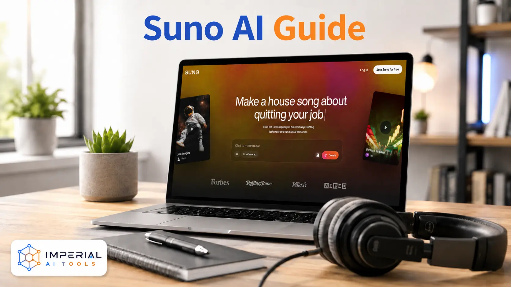 Laptop displaying the Suno AI music generator on a modern desk with studio headphones, a notebook, and the Imperial AI Tools logo.