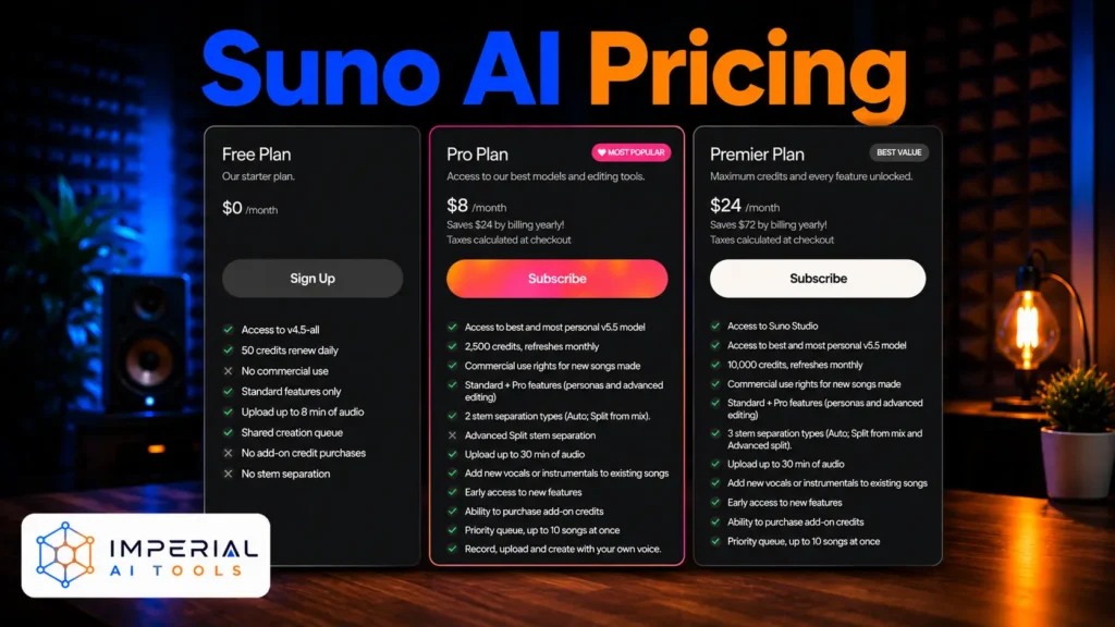 Suno AI pricing comparison showing Free, Pro, and Premier subscription plans with features and monthly pricing in a modern studio-themed graphic.