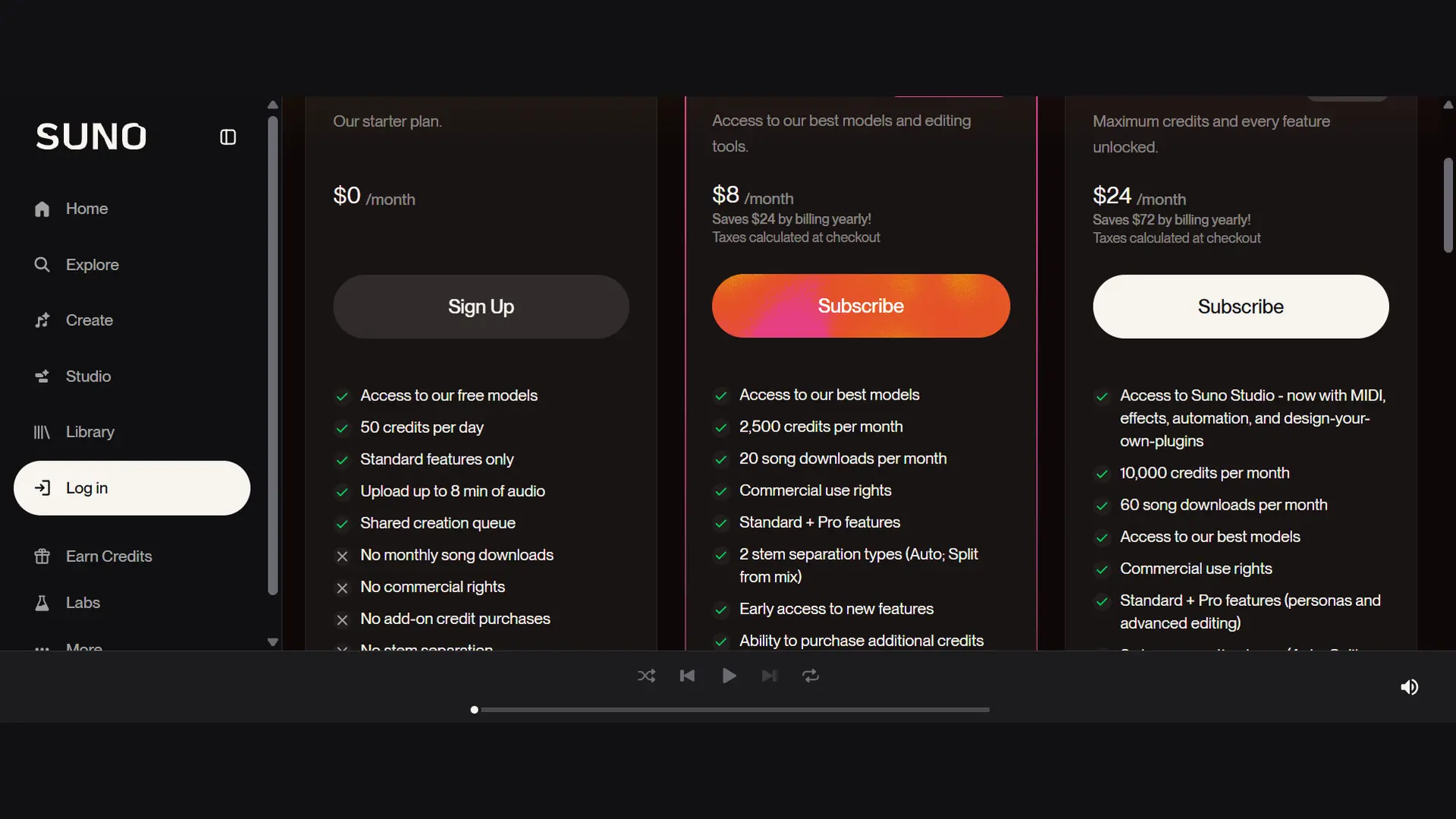 Suno AI pricing comparison showing Free, Pro and Premier plans with monthly costs, credits and features.