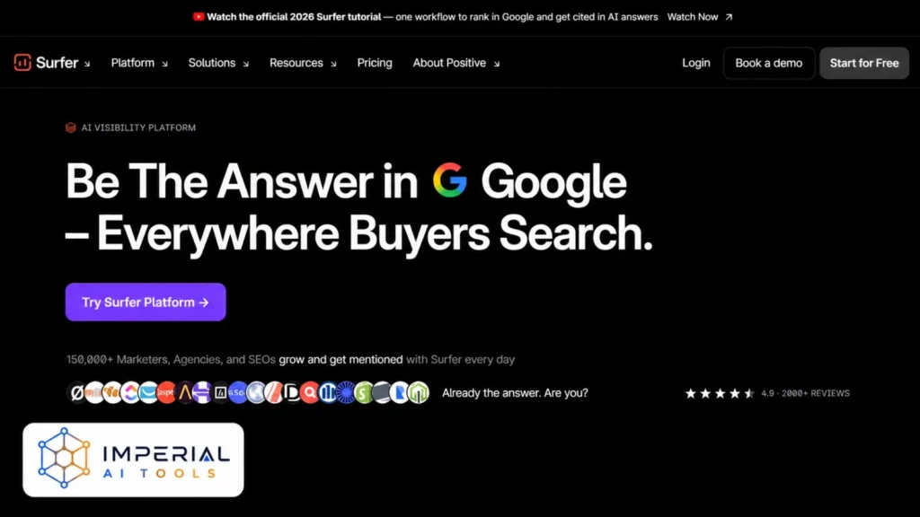 Surfer SEO AI visibility platform designed to help brands rank in Google and appear in AI-generated answers.