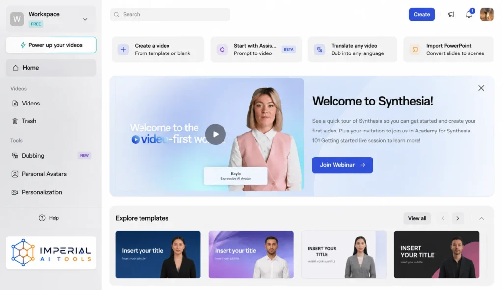 Synthesia AI video generator dashboard showing avatar templates, dubbing, personalization and PowerPoint import tools.